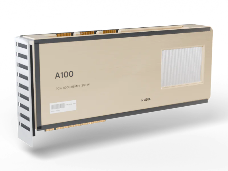 Card tăng tốc A100 dạng PCIe hai khe, vỏ màu champagne, khung và ô lưới tản nhiệt đen, cầu nối NVLink trên cạnh