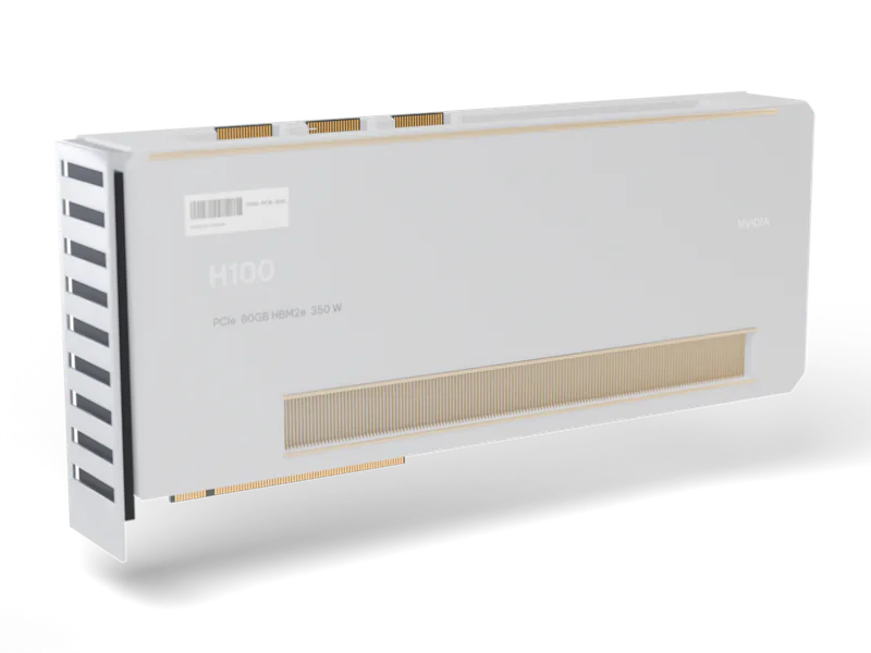 Card tăng tốc H100 dạng PCIe hai khe, vỏ đen, ô lưới tản nhiệt và dải màu champagne, cầu nối NVLink trên cạnh