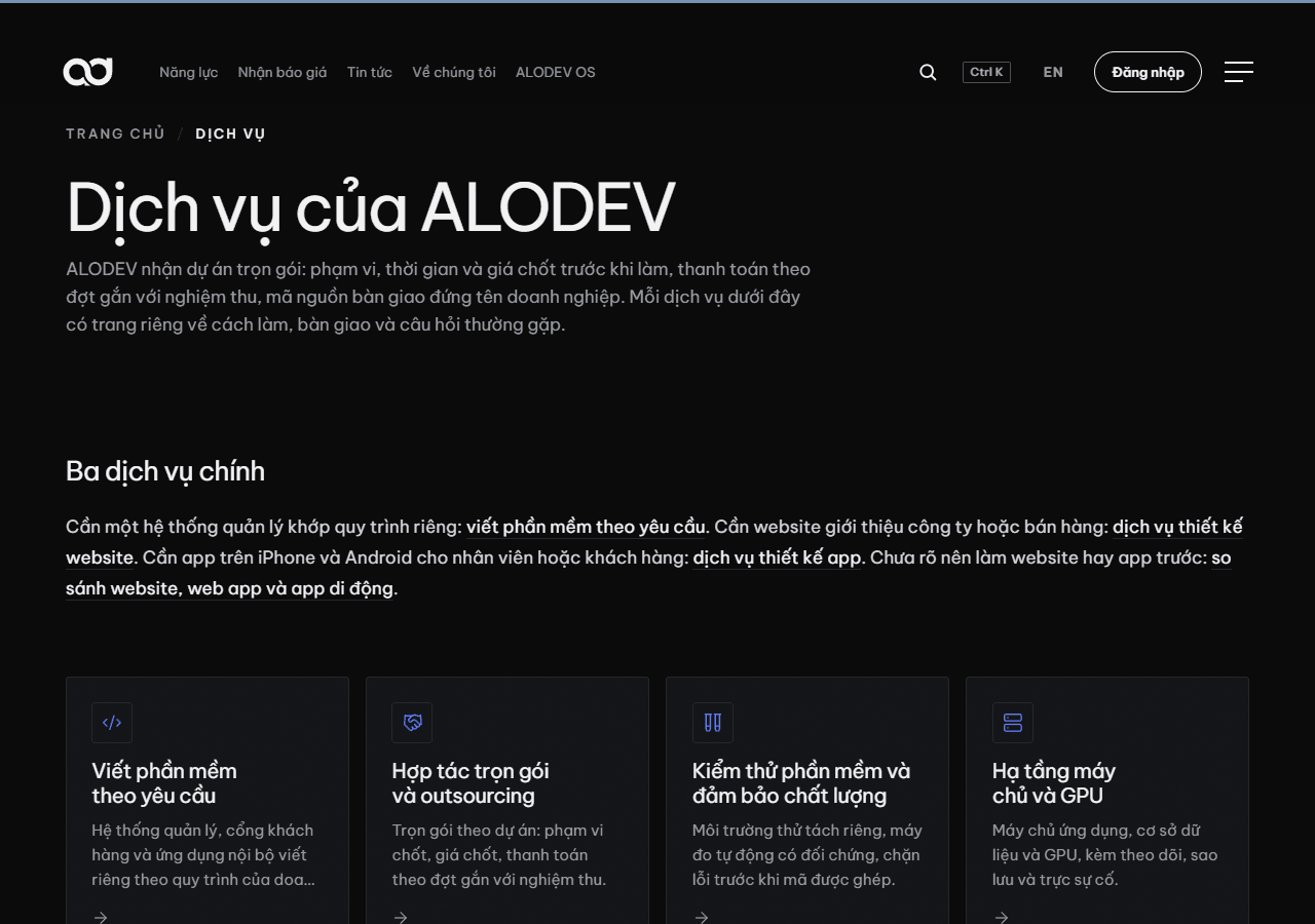 Trang Dịch vụ của alodev.vn, nơi có các gói tích hợp chatbot và chăm sóc khách hàng tự động cho doanh nghiệp