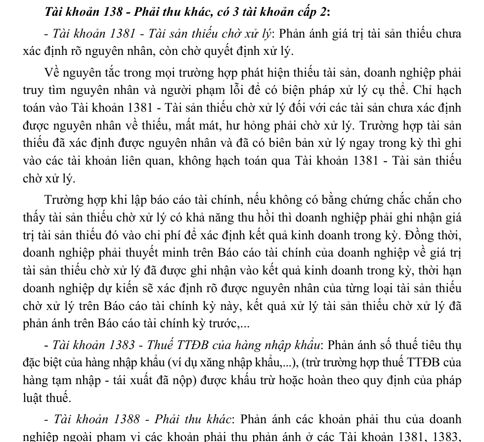 Trích văn bản gốc liệt kê 3 tài khoản cấp 2 của Tài khoản 138: 1381 Tài sản thiếu chờ xử lý, 1383 Thuế TTĐB của hàng nhập khẩu, 1388 Phải thu khác