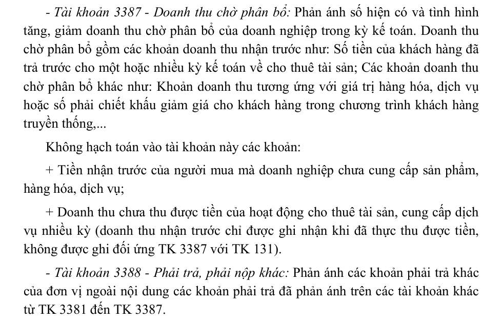Trích văn bản gốc giải thích Tài khoản 3387 Doanh thu chờ phân bổ và các khoản không hạch toán vào tài khoản này, cùng Tài khoản 3388 Phải trả, phải nộp khác