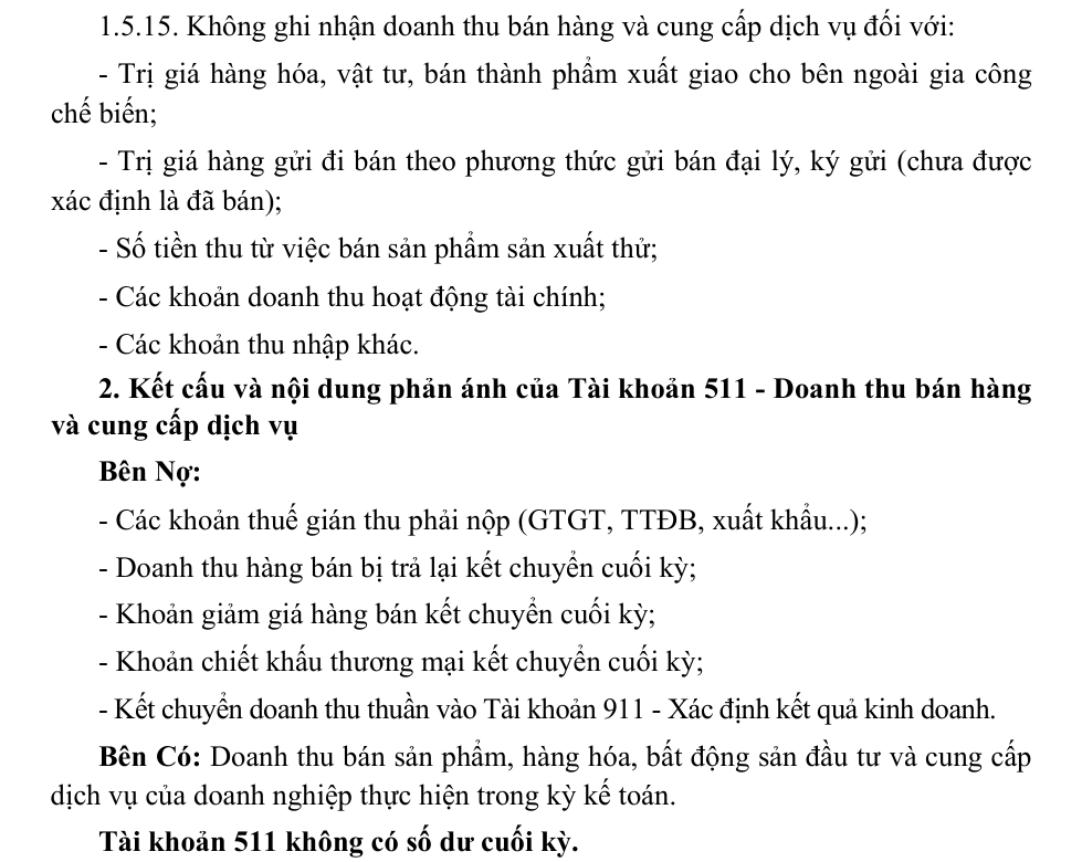 Trích văn bản gốc mục 1.5.15 và mục 2 hướng dẫn Tài khoản 511: các khoản không ghi nhận doanh thu, kết cấu bên Nợ bên Có, tài khoản 511 không có số dư cuối kỳ