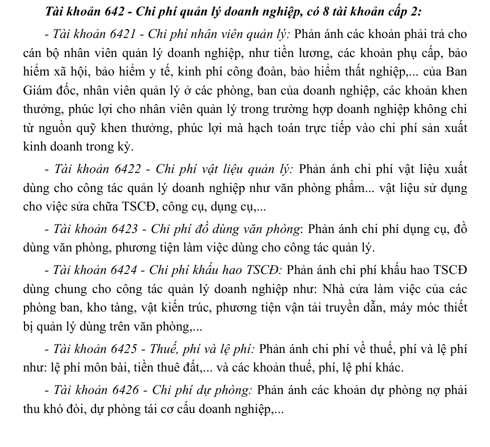 Trích văn bản gốc liệt kê 8 tài khoản cấp 2 của Tài khoản 642: 6421 chi phí nhân viên quản lý, 6422 chi phí vật liệu quản lý, 6423 chi phí đồ dùng văn phòng, 6424 chi phí khấu hao TSCĐ, 6425 thuế phí và lệ phí, 6426 chi phí dự phòng, 6427 chi phí dịch vụ mua ngoài, 6428 chi phí bằng tiền khác