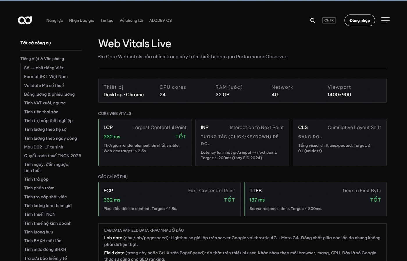 Công cụ Web Vitals Live trên alodev.vn đo các chỉ số tốc độ và độ ổn định của trang ngay trong trình duyệt