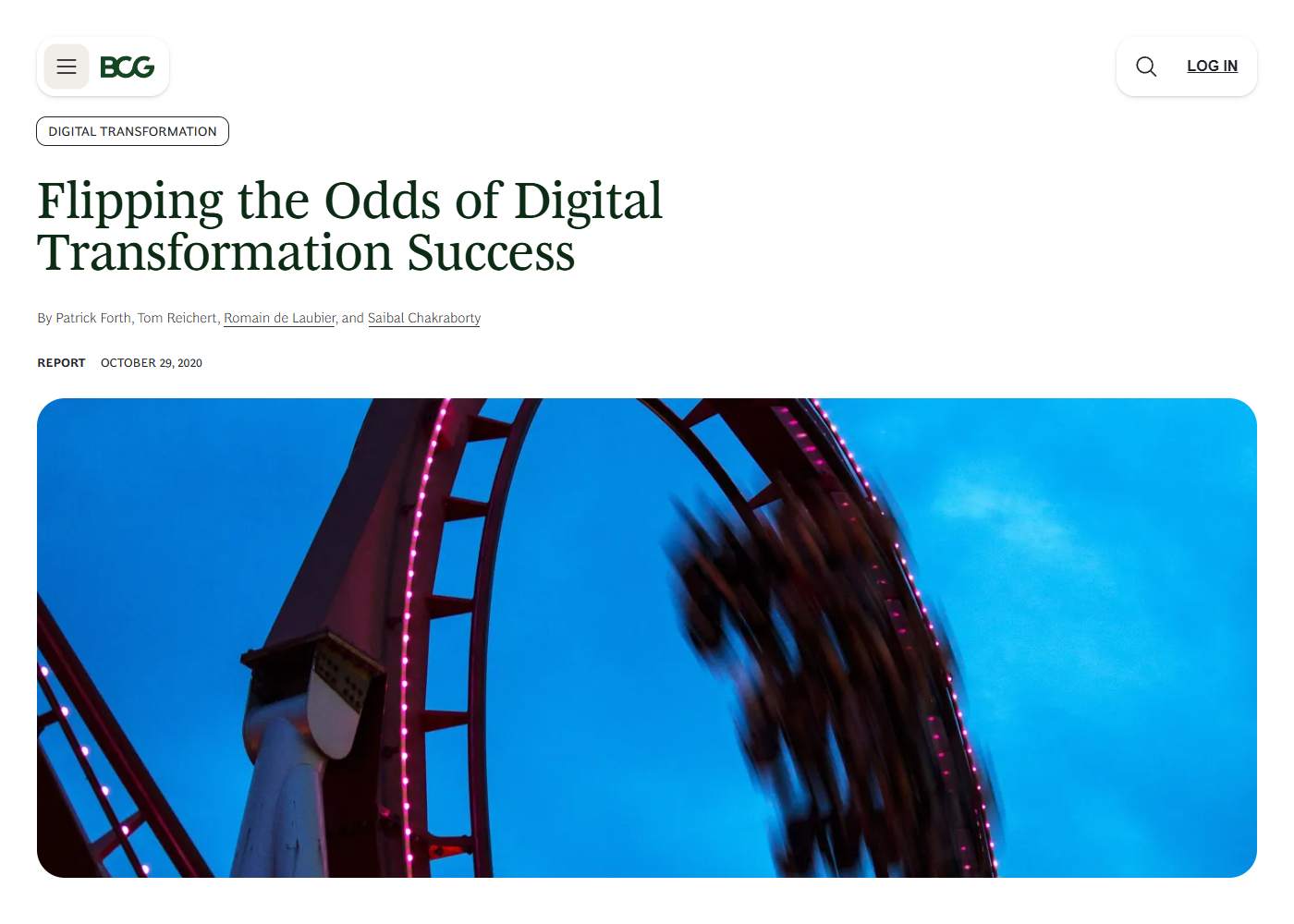 Trang báo cáo Flipping the Odds of Digital Transformation Success của BCG, công bố ngày 29 tháng 10 năm 2020, tác giả Patrick Forth, Tom Reichert, Romain de Laubier và Saibal Chakraborty