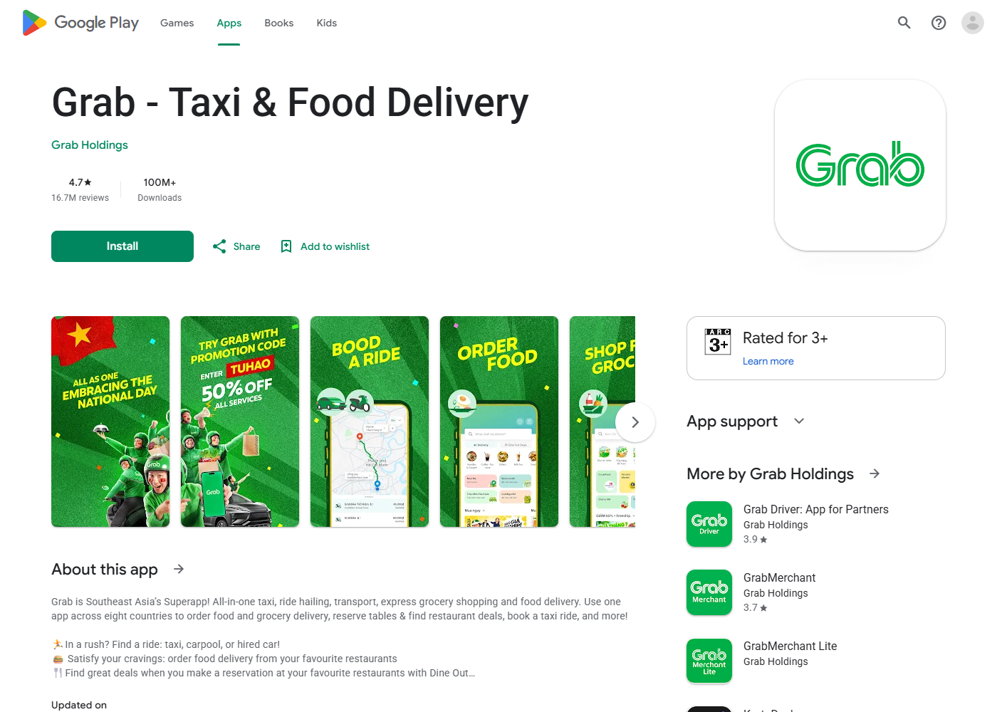 Trang ứng dụng Grab trên Google Play Store, hiển thị số lượt tải và đánh giá của người dùng, ví dụ về một ứng dụng gọi xe công nghệ phổ biến tại Việt Nam
