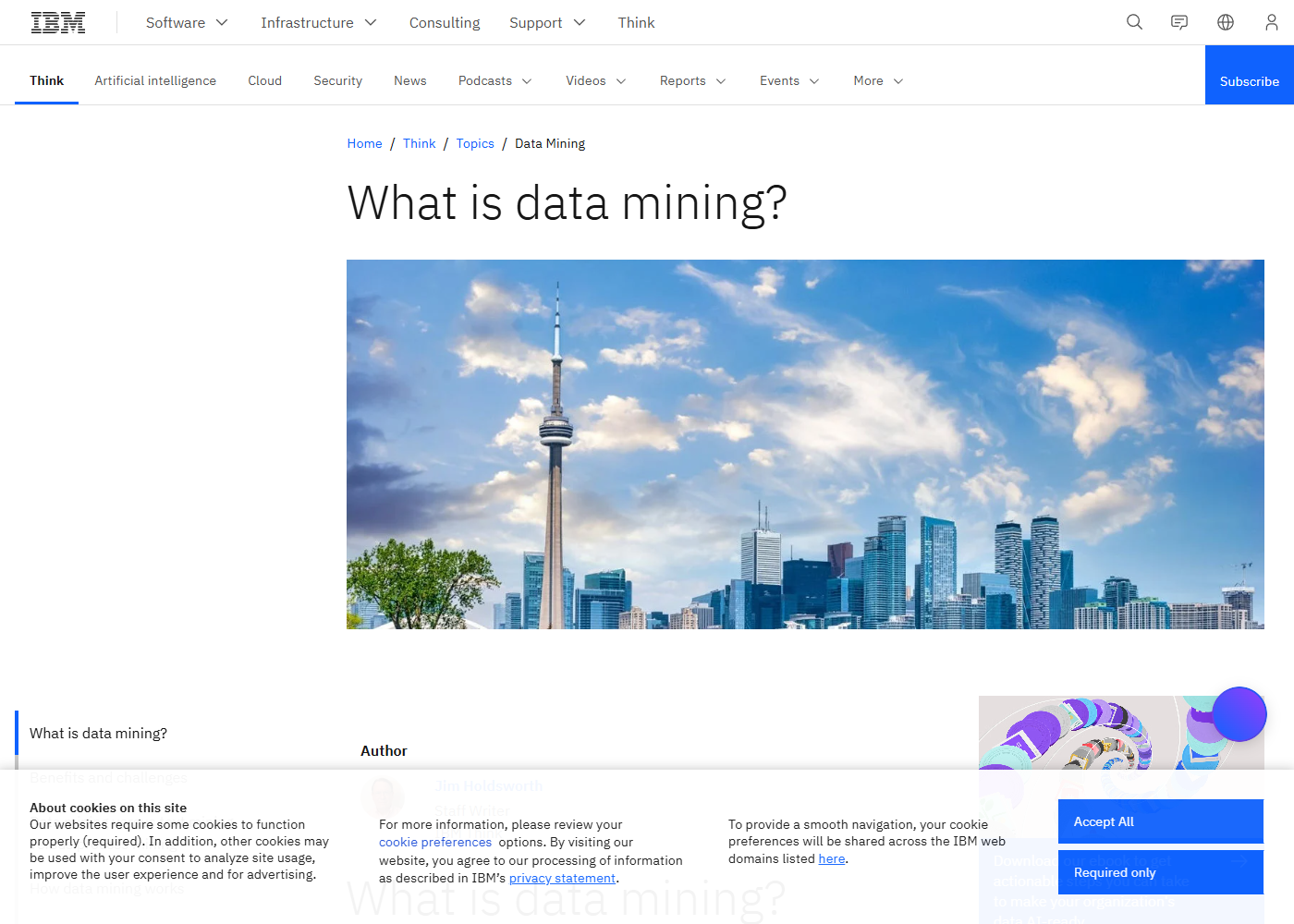 Trang giới thiệu What is Data Mining của IBM, mô tả quá trình dùng công cụ phân tích để tìm ra mẫu hình và mối tương quan trong các tập dữ liệu lớn