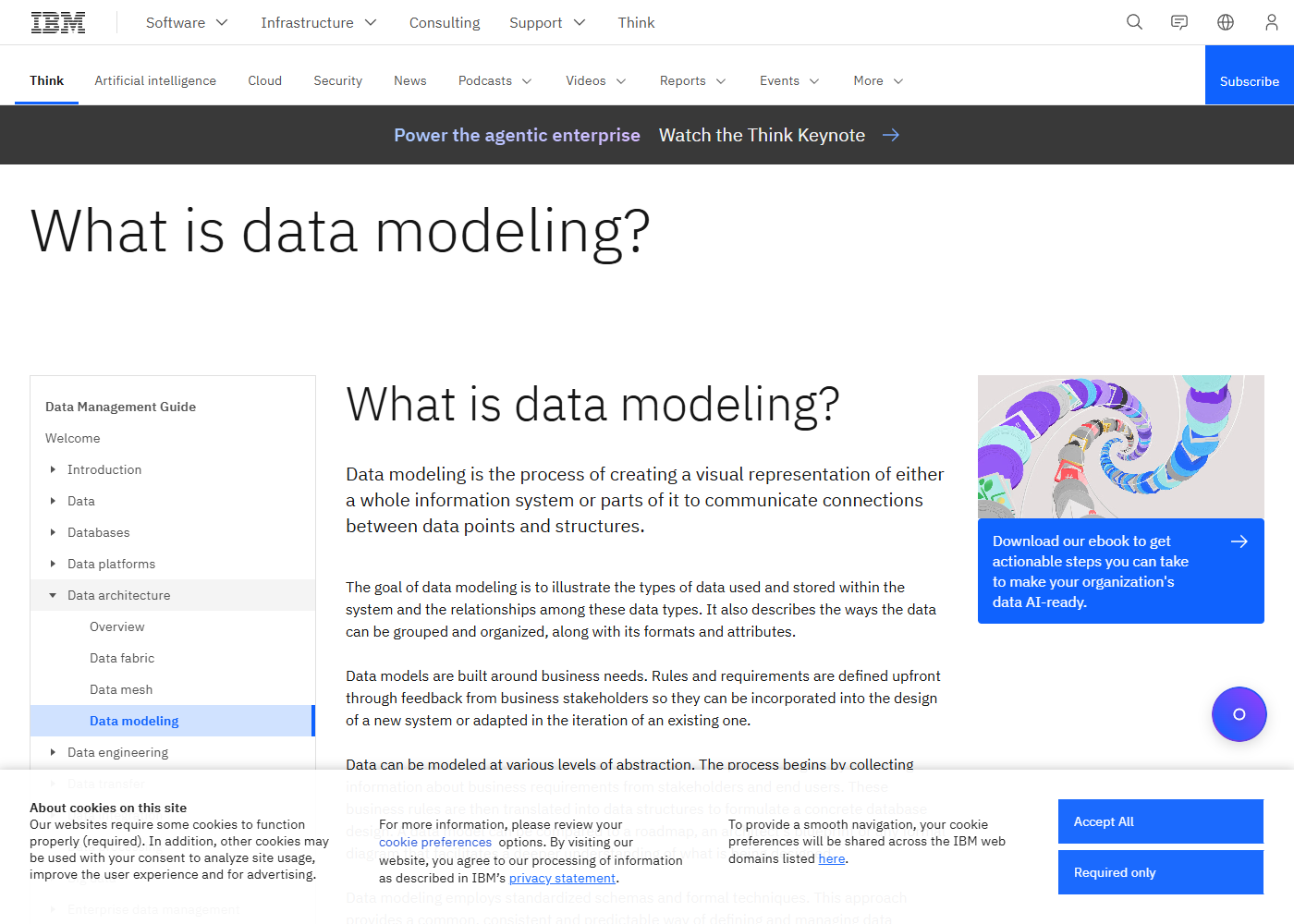 Trang giới thiệu What is Data Modeling của IBM, giải thích mô hình dữ liệu là quá trình tạo ra biểu diễn trực quan của toàn bộ hệ thống thông tin hoặc một phần của nó