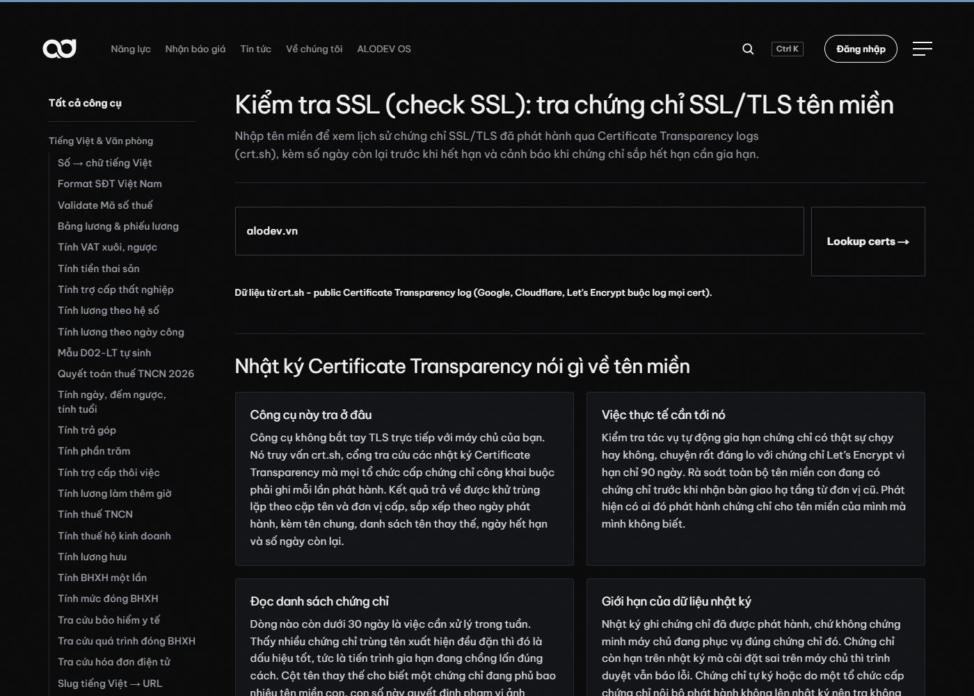 Công cụ kiểm tra chứng chỉ SSL của alodev.vn hiển thị trong danh sách công cụ miễn phí, dùng để tra ngày hết hạn và đơn vị cấp chứng chỉ của một tên miền