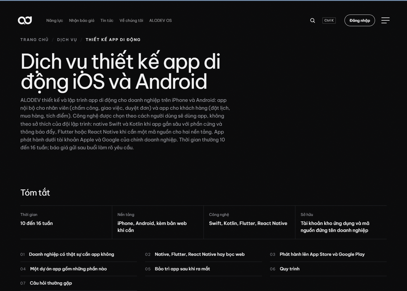 Trang dịch vụ Thiết kế app của alodev.vn, hiển thị thời gian triển khai, công nghệ sử dụng và các bước làm việc cho dự án phát triển ứng dụng theo yêu cầu