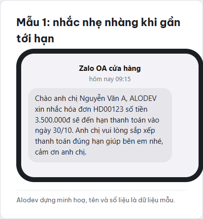 Ảnh mô phỏng khung chat điện thoại hiển thị mẫu tin nhắn nhắc nhẹ khách hàng khi hóa đơn sắp tới hạn