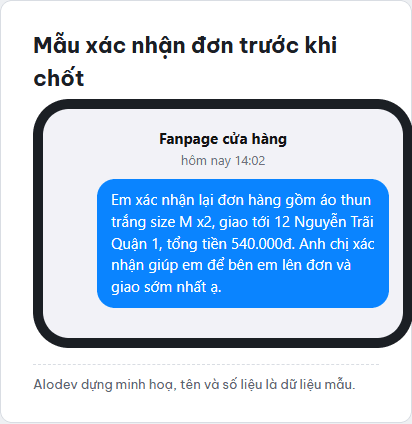 Ảnh mô phỏng khung chat điện thoại hiển thị mẫu tin nhắn xác nhận đơn hàng trước khi chốt với khách