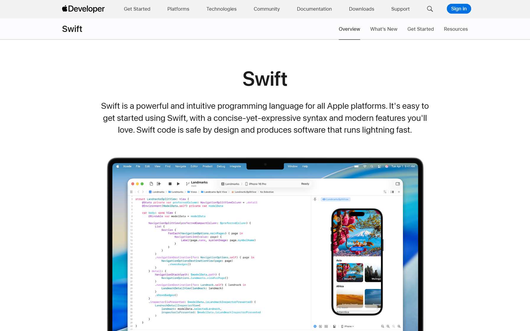 Trang Swift trên developer.apple.com giới thiệu Swift là ngôn ngữ lập trình cho mọi nền tảng Apple, kèm ảnh Xcode đang dựng app SwiftUI