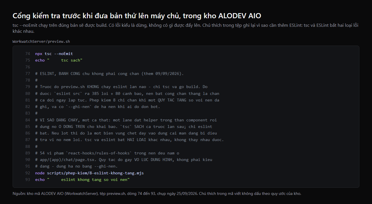 Đoạn mã preview.sh trong kho ALODEV AIO: chạy tsc --noEmit làm cổng chặn, sau đó ESLint chỉ chặn khi số vi phạm tăng
