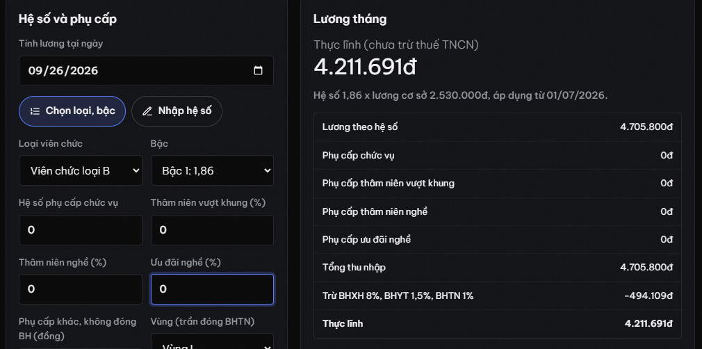 Công cụ tính lương theo hệ số: viên chức loại B bậc 1 hệ số 1,86 nhân lương cơ sở 2.530.000 đồng ra 4.705.800 đồng