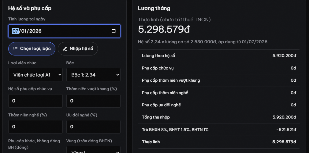 Công cụ tính lương theo hệ số của ALODEV: hệ số 2,34 nhân lương cơ sở 2.530.000 đồng ra lương theo hệ số 5.920.200 đồng, tính tại ngày 01/07/2026