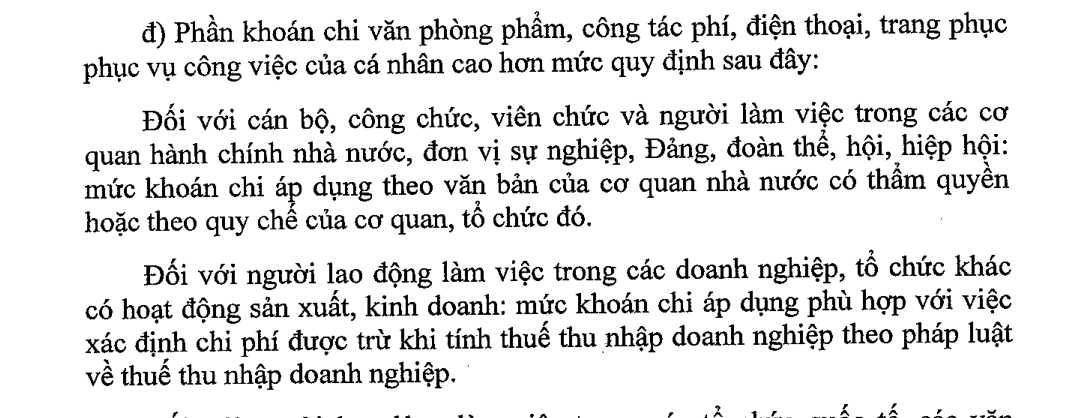 Trích Nghị định 253/2026/NĐ-CP Điều 8 khoản 2 điểm đ: phần khoán chi văn phòng phẩm, công tác phí, điện thoại, trang phục cao hơn mức quy định