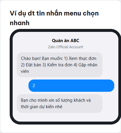 Minh hoạ khung điện thoại với đoạn hội thoại chatbot Zalo menu chọn nhanh cho quán ăn: xem thực đơn, đặt bàn, kiểm tra đơn, gặp nhân viên