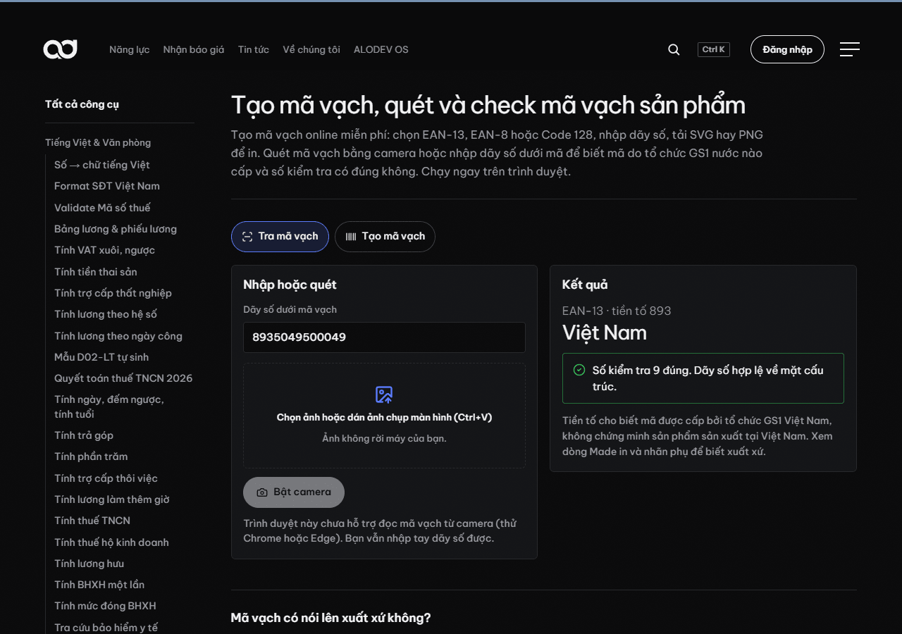 Công cụ tạo mã vạch miễn phí trên alodev.vn, nhập mã sản phẩm để xuất ảnh mã vạch in được ngay