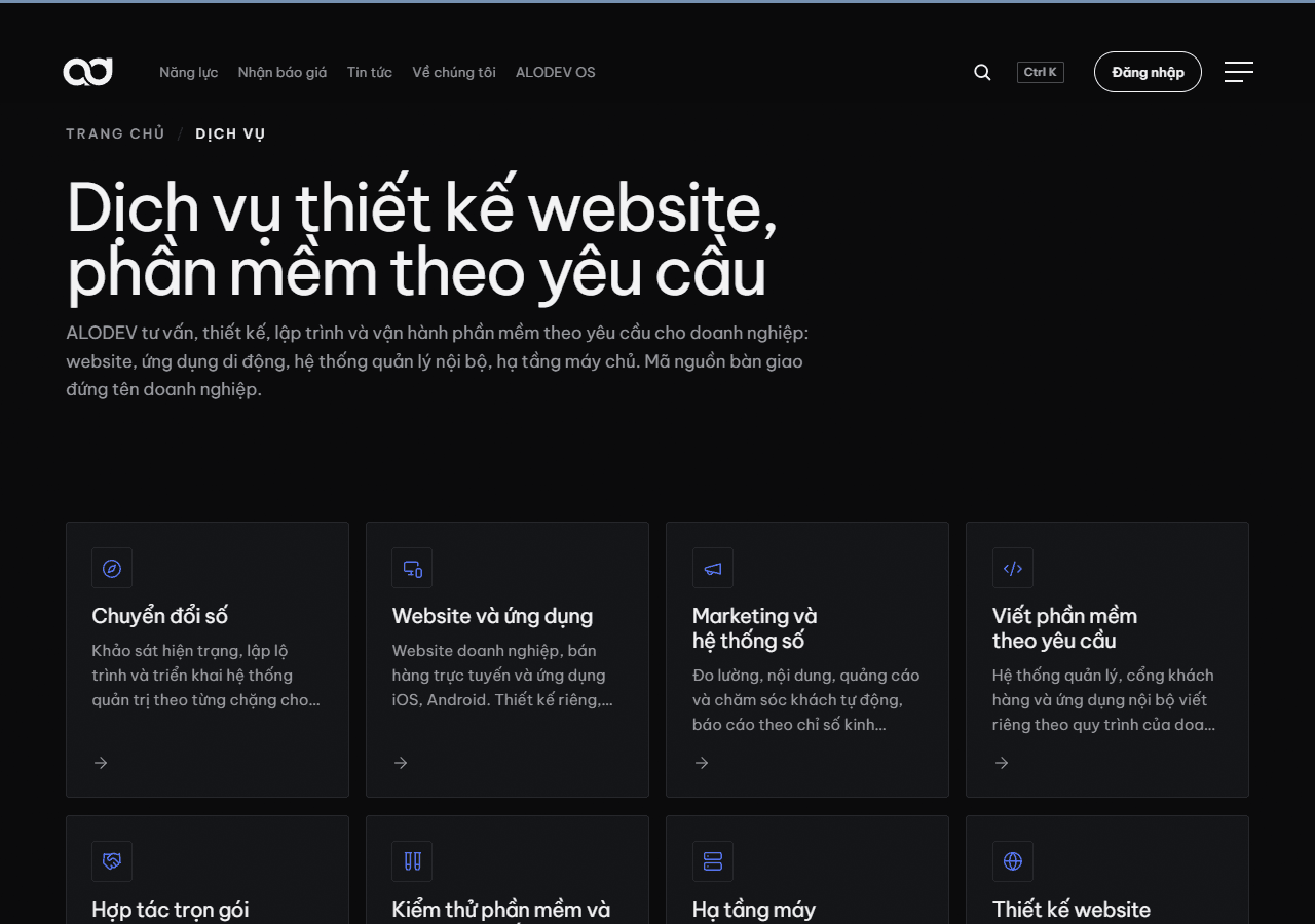 Trang Dịch vụ trên alodev.vn nơi doanh nghiệp nhỏ tìm hiểu giải pháp chatbot và AI ứng dụng