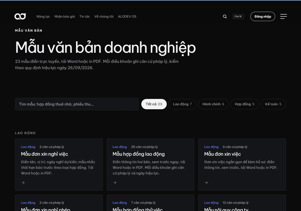 Thư viện mẫu văn bản trên alodev.vn, nơi tải các mẫu đơn và văn bản hành chính