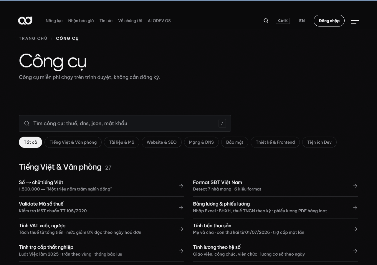 Trang tổng hợp công cụ /lab trên alodev.vn