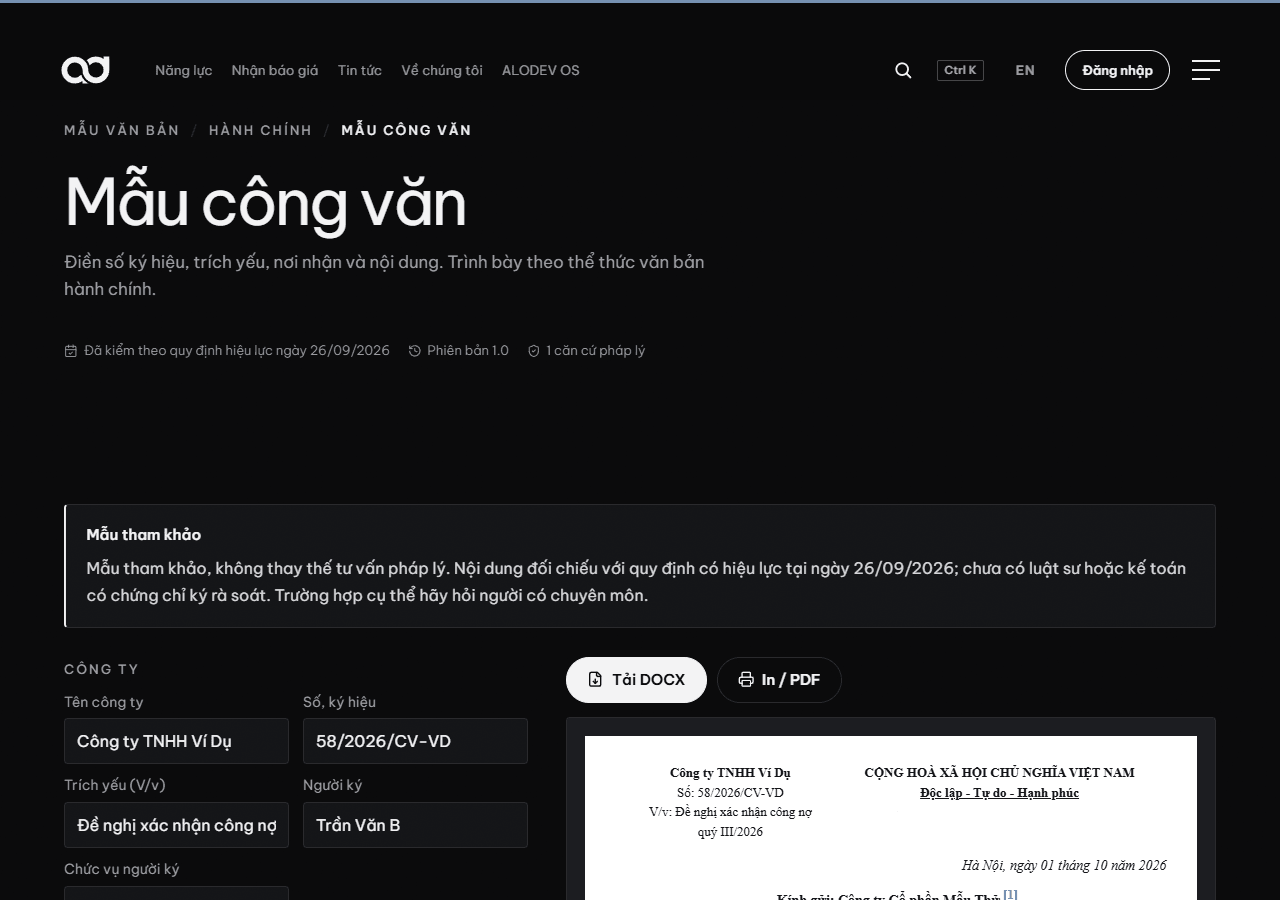 Trang mẫu công văn trên alodev.vn