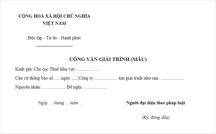 Mẫu khung công văn giải trình gửi chi cục thuế có phần ký, đóng dấu
