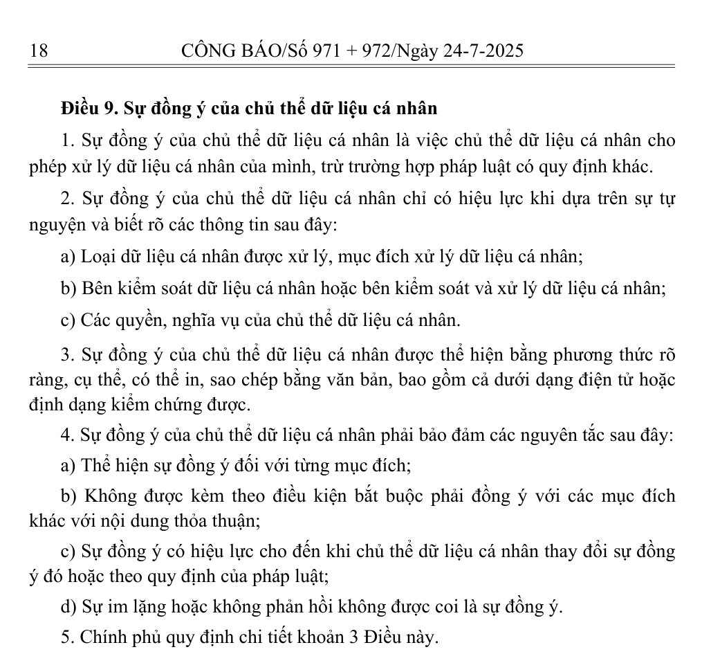 Điều 9 Luật Bảo vệ dữ liệu cá nhân số 91/2025/QH15 về sự đồng ý của chủ thể dữ liệu