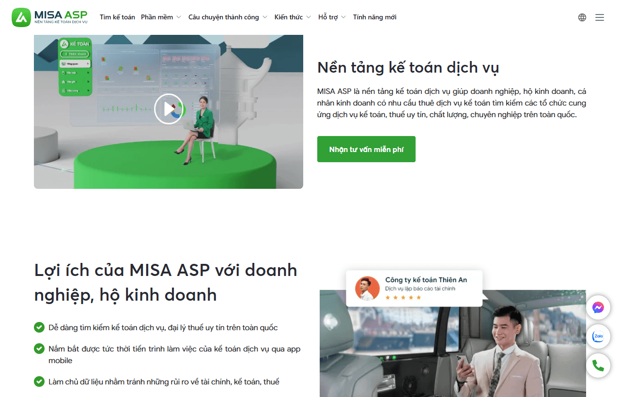 Trang chủ MISA ASP, nền tảng kết nối doanh nghiệp với đơn vị dịch vụ kế toán và phần mềm dành cho kế toán dịch vụ