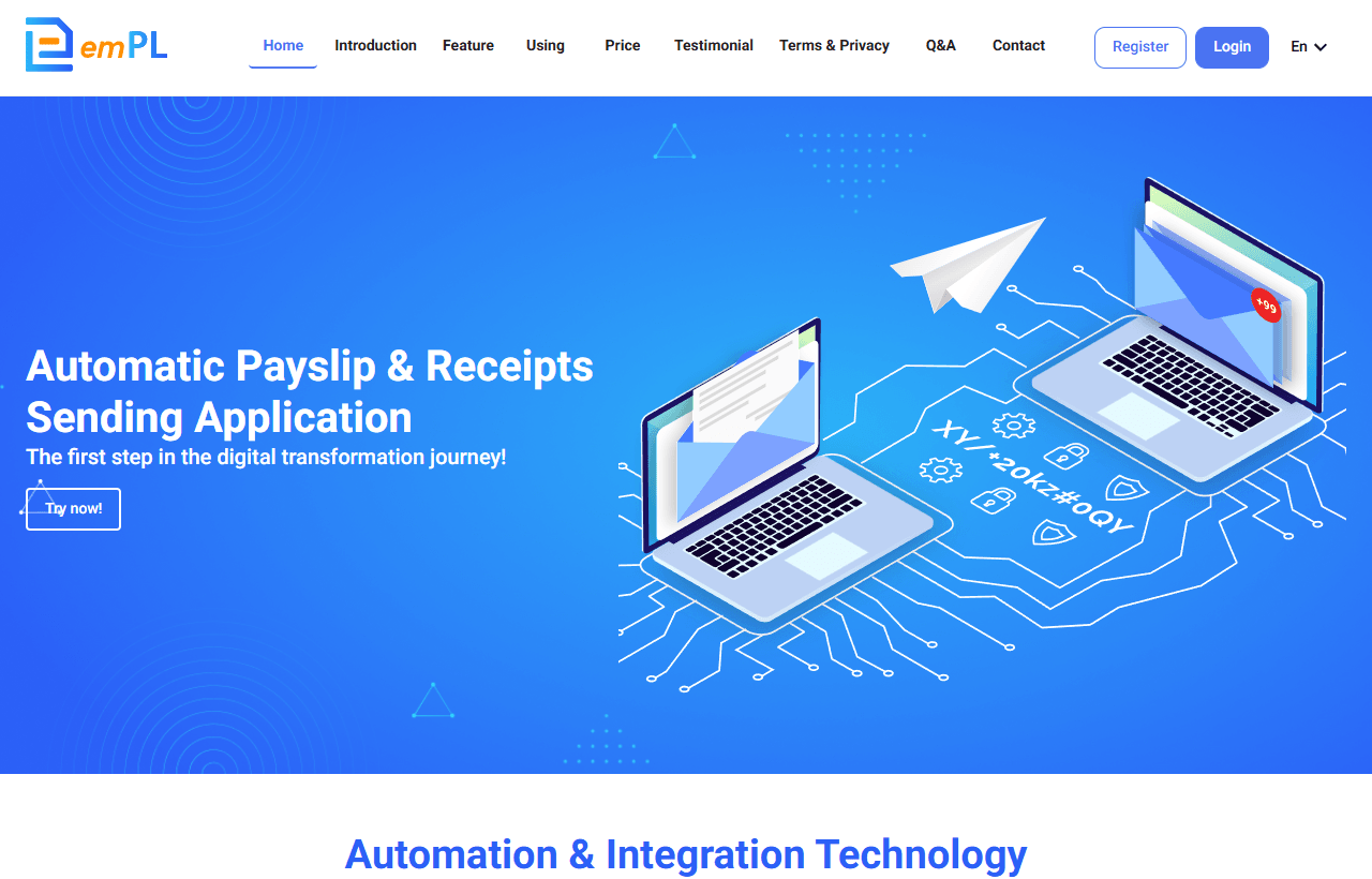 Trang chủ emPL, phần mềm tạo phiếu lương PDF từ tệp Excel và gửi cho từng nhân viên qua email và Zalo