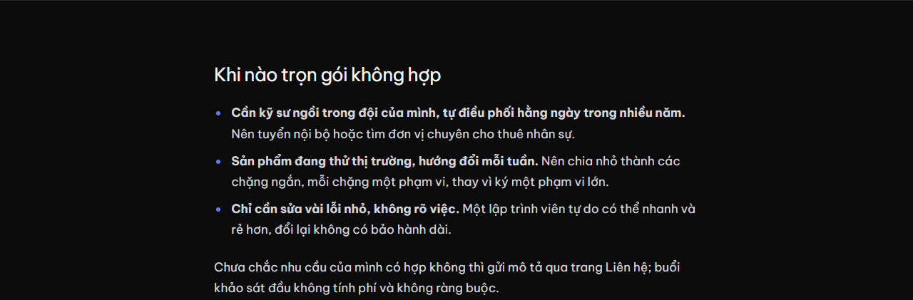 Mục Khi nào trọn gói không hợp trên trang Mô hình hợp tác của alodev.vn, gợi ý lập trình viên tự do cho việc sửa lỗi nhỏ