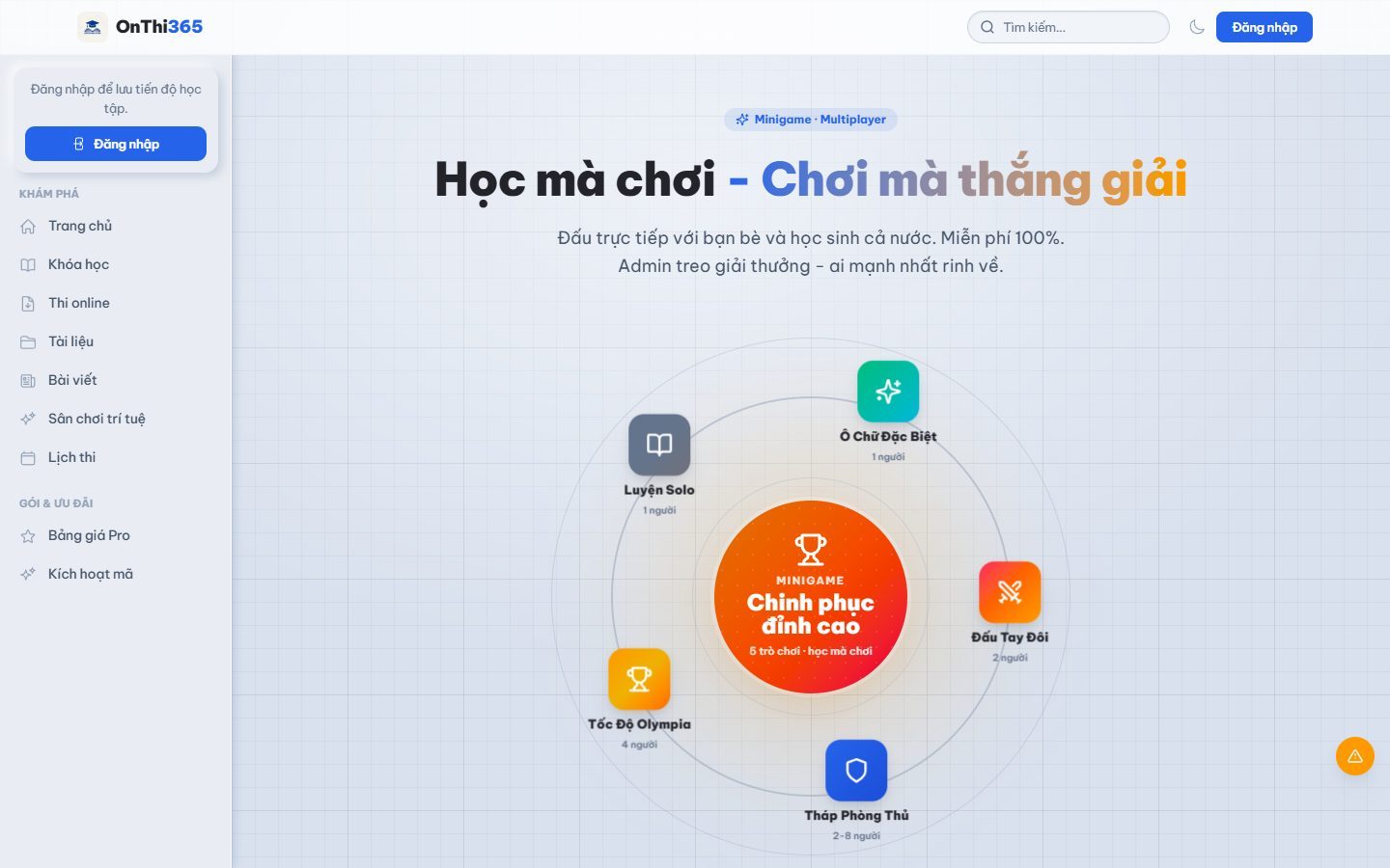 Trang minigame của onthi365.com: năm trò chơi luyện thi gồm ô chữ, đấu tay đôi, tháp phòng thủ, tốc độ Olympia, luyện một mình