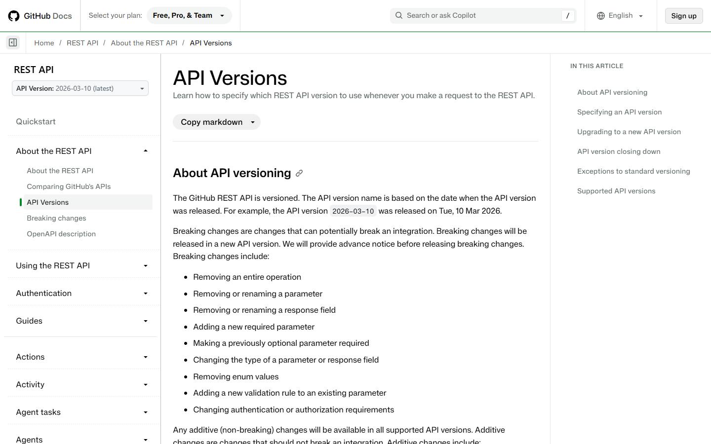 Tài liệu GitHub REST API: chọn phiên bản API bằng header