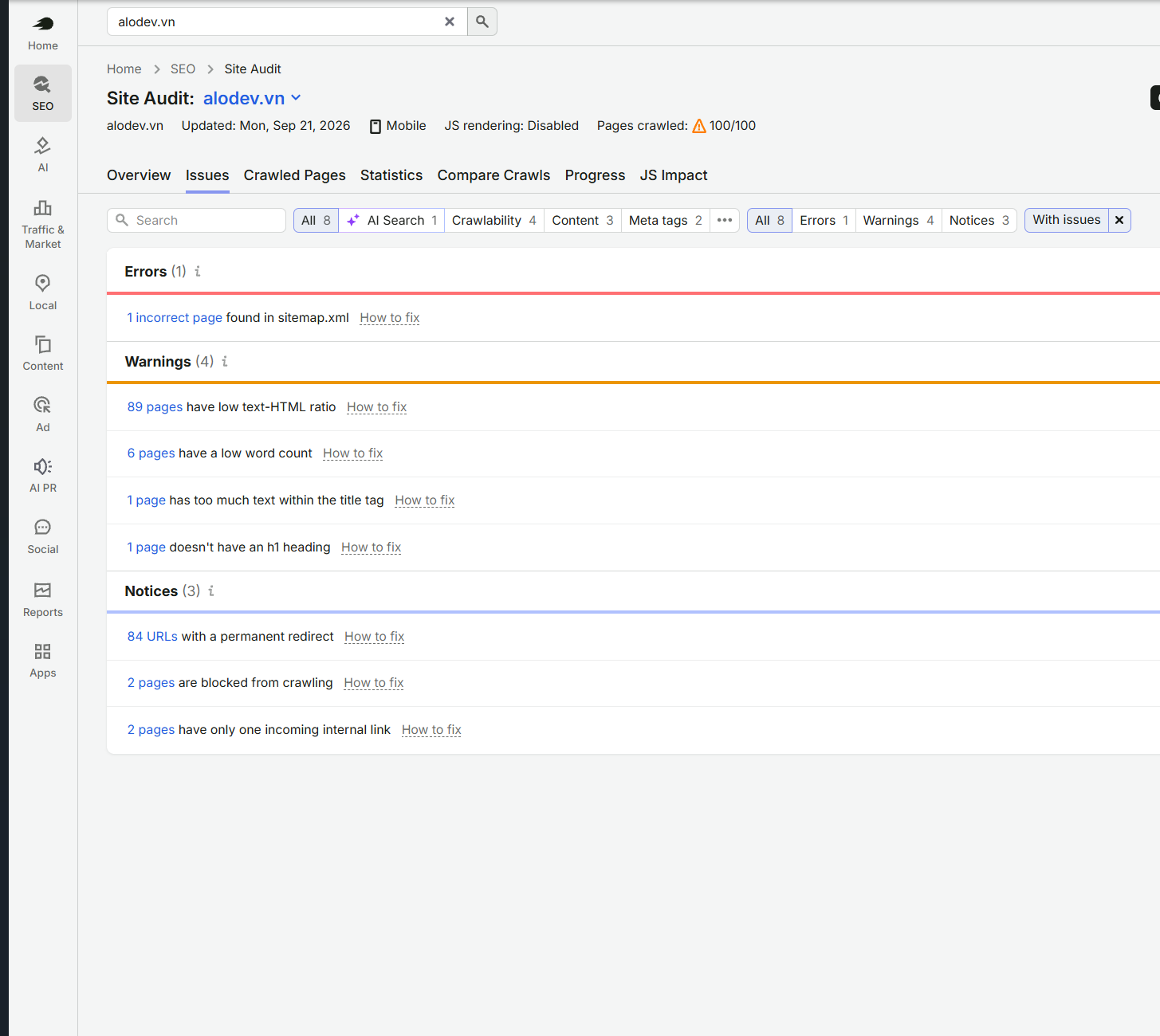 Danh sách lỗi Semrush Site Audit alodev.vn: 1 lỗi sitemap, 89 trang tỉ lệ text/HTML thấp, 84 URL redirect