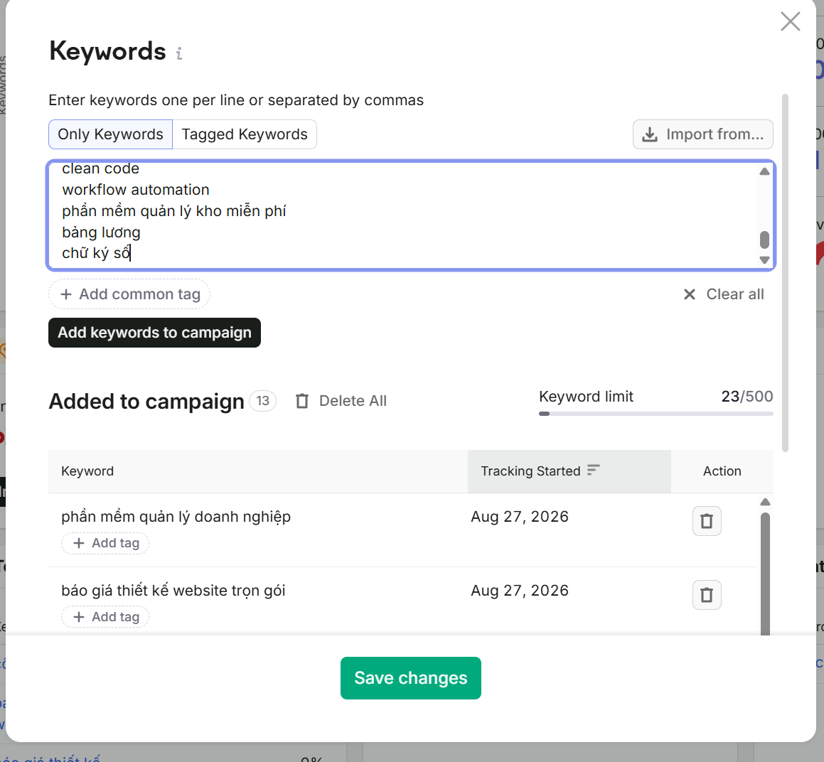 Thêm từ khoá vào Semrush Position Tracking: nhập mỗi dòng một từ, hạn mức 23/500 từ khoá