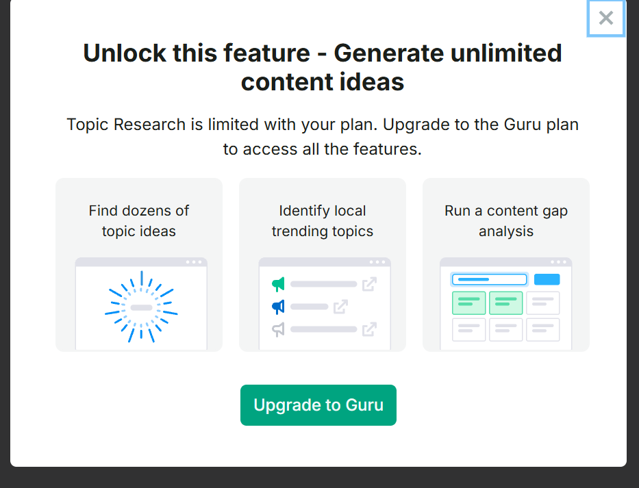 Semrush Topic Research bị giới hạn ở gói Pro: hộp Unlock this feature, cần nâng lên Guru