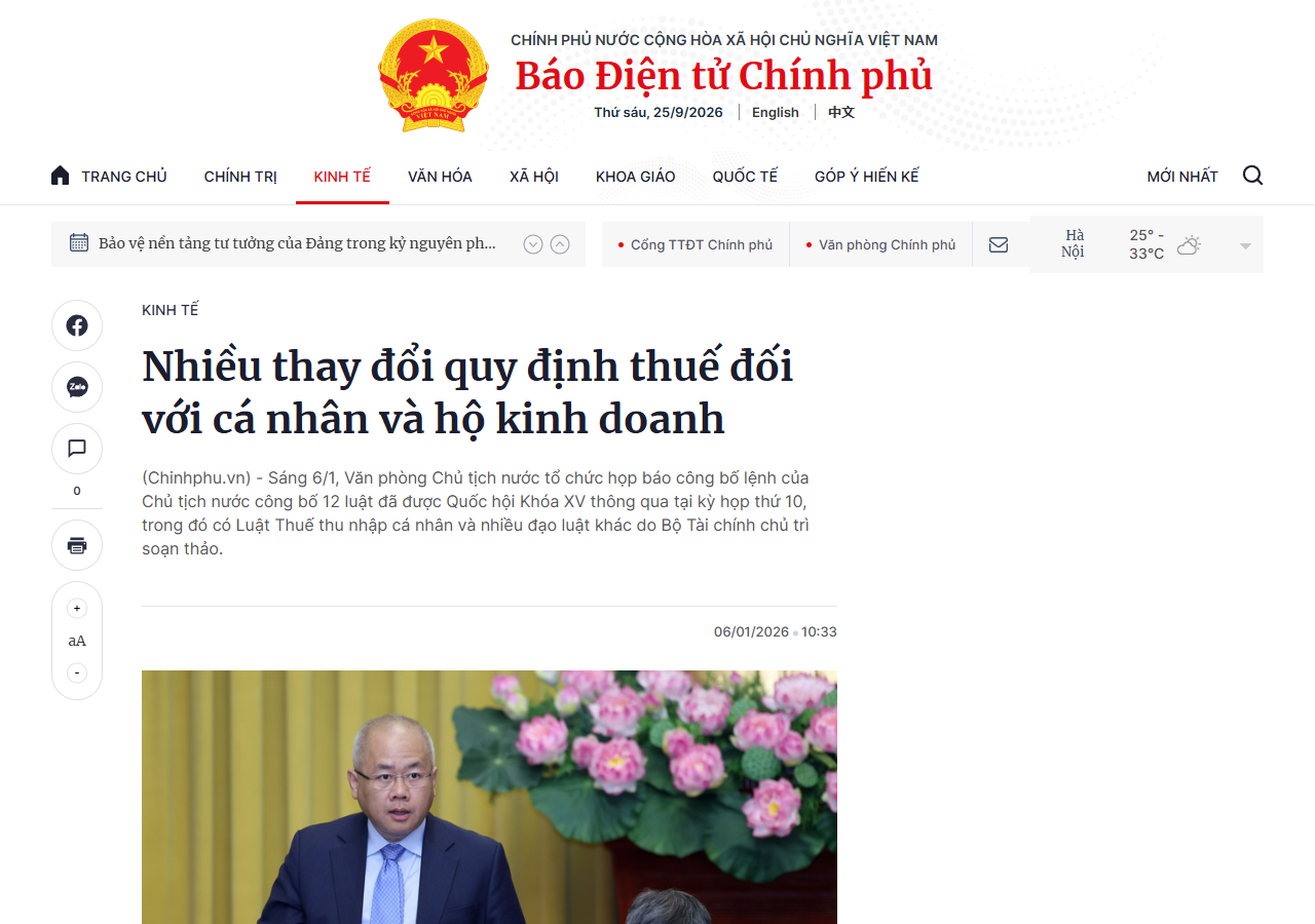 Bài Nhiều thay đổi quy định thuế đối với cá nhân và hộ kinh doanh trên Báo điện tử Chính phủ