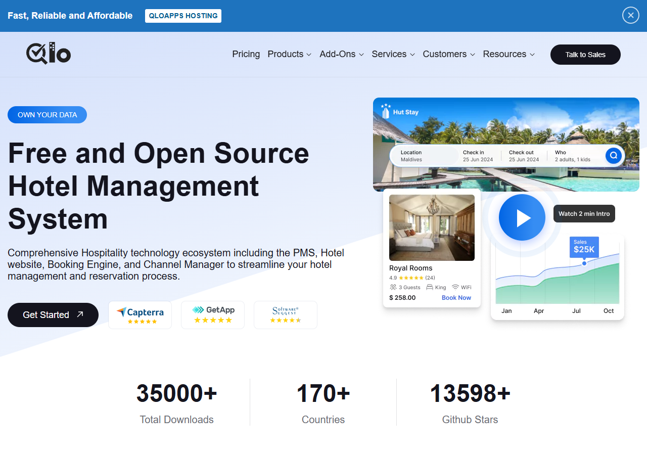 Trang chủ QloApps: Free and Open Source Hotel Management System gồm PMS, website khách sạn, booking engine và channel manager