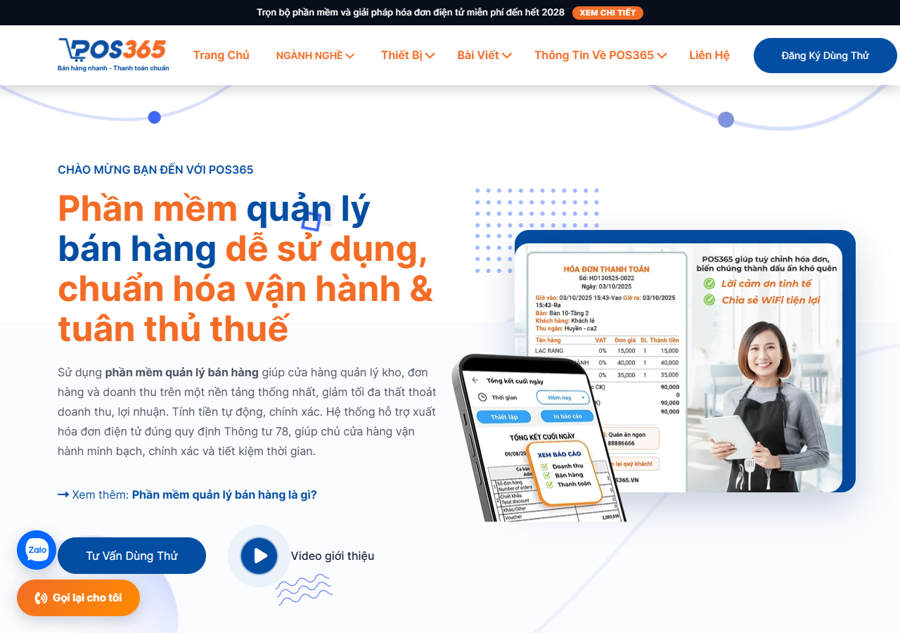 Trang chủ POS365 giới thiệu phần mềm quản lý bán hàng, hỗ trợ xuất hóa đơn điện tử theo Thông tư 78