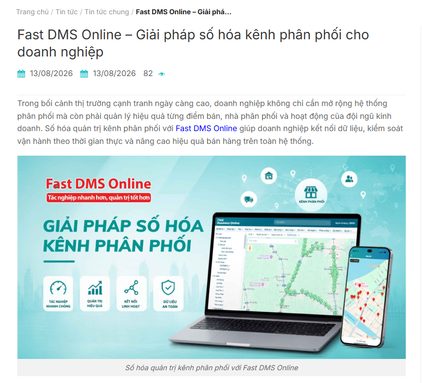 Trang giới thiệu Fast DMS Online trên fast.com.vn với tiêu đề giải pháp số hoá kênh phân phối, ảnh minh hoạ máy tính và điện thoại hiện bản đồ tuyến bán hàng