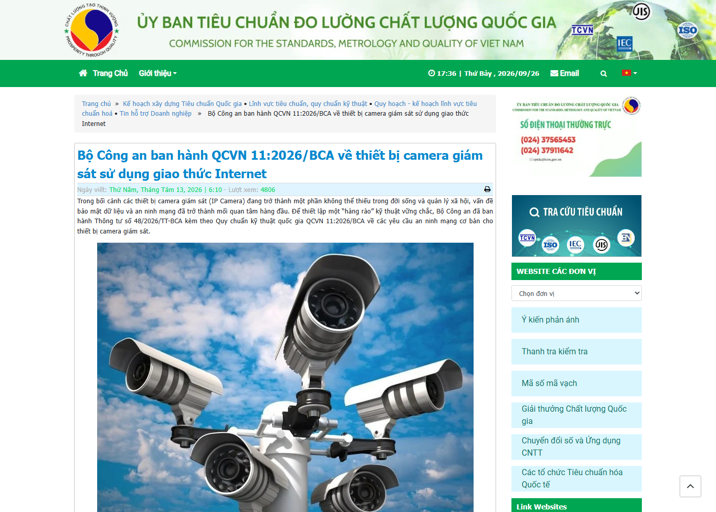 Trang tin của Ủy ban Tiêu chuẩn Đo lường Chất lượng Quốc gia: Bộ Công an ban hành QCVN 11:2026/BCA về thiết bị camera giám sát sử dụng giao thức Internet, kèm Thông tư số 48/2026/TT-BCA