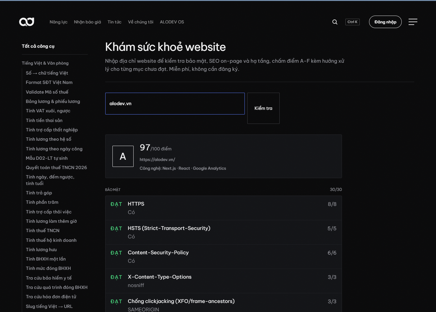 Công cụ Khám sức khoẻ website của alodev.vn kiểm tra alodev.vn: hạng A, 97/100 điểm, công nghệ Next.js, React, Google Analytics, mục bảo mật 30/30 với HTTPS, HSTS, Content-Security-Policy đều đạt