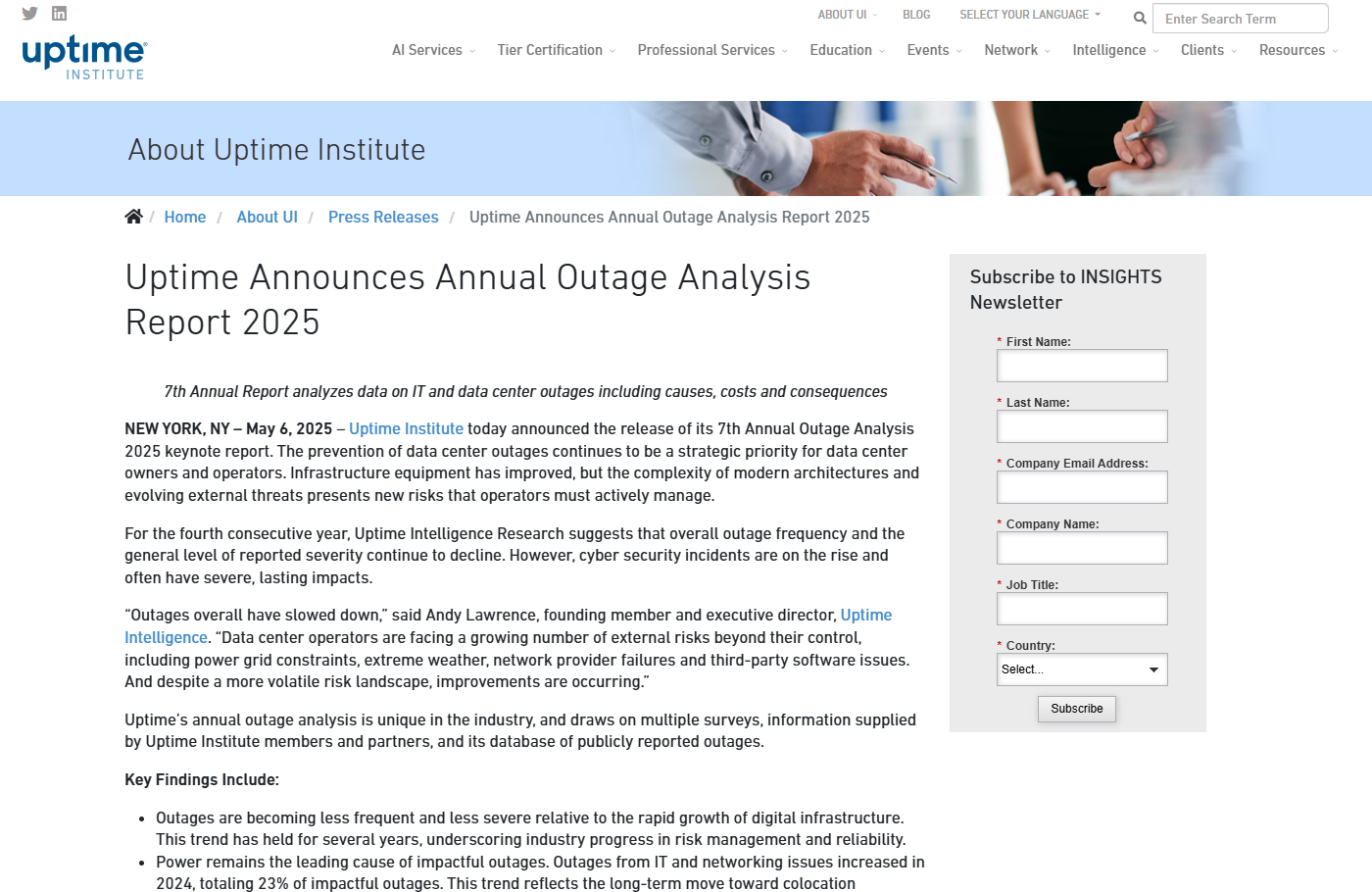 Trang thông cáo báo chí của Uptime Institute ngày 6/5/2025: Uptime Announces Annual Outage Analysis Report 2025, mục Key Findings nói điện là nguyên nhân hàng đầu và sự cố CNTT, mạng chiếm 23%