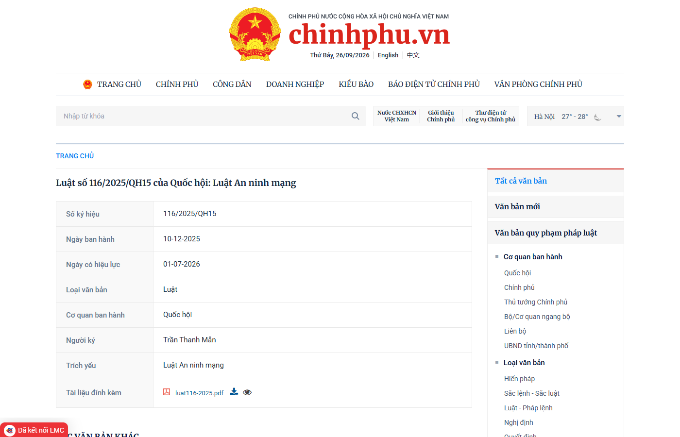 Trang văn bản trên cổng chinhphu.vn: Luật số 116/2025/QH15 của Quốc hội, Luật An ninh mạng, ngày ban hành 10-12-2025, ngày có hiệu lực 01-07-2026