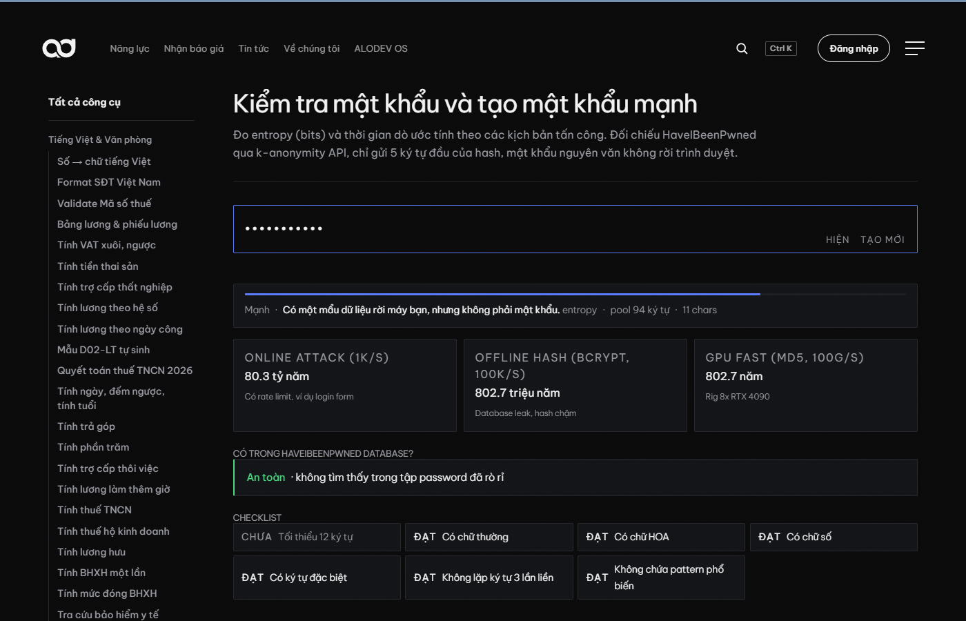 Công cụ Kiểm tra mật khẩu và tạo mật khẩu mạnh của alodev.vn với một mật khẩu mẫu 11 ký tự, đánh giá Mạnh, checklist báo CHƯA đạt tối thiểu 12 ký tự