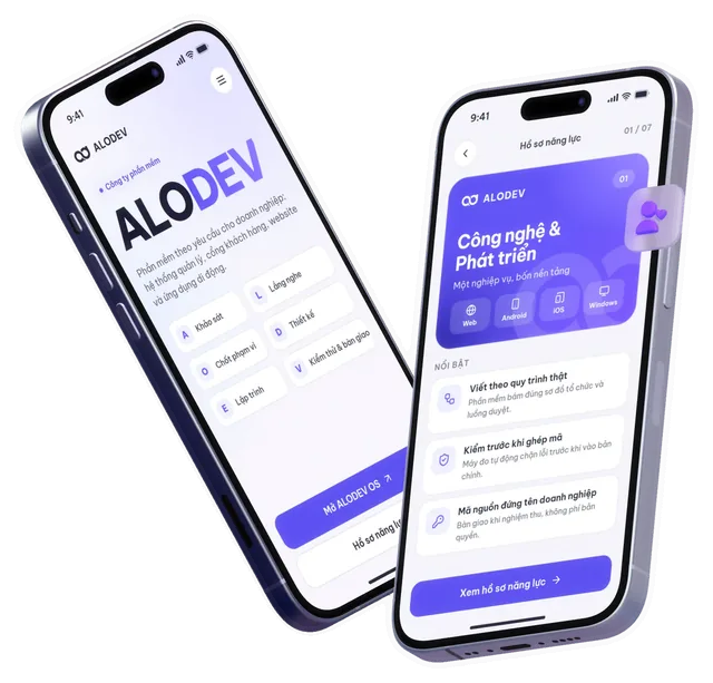 Hai iPhone hiển thị ứng dụng ALODEV